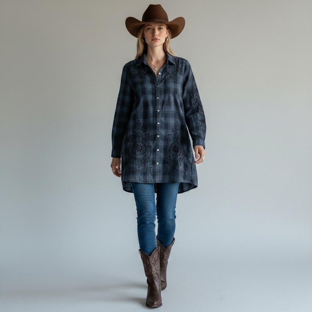 3J Workshop Johnny Was Plaid Eyelet Embroidered Button‎ Down Tunic Shirt Blue XS